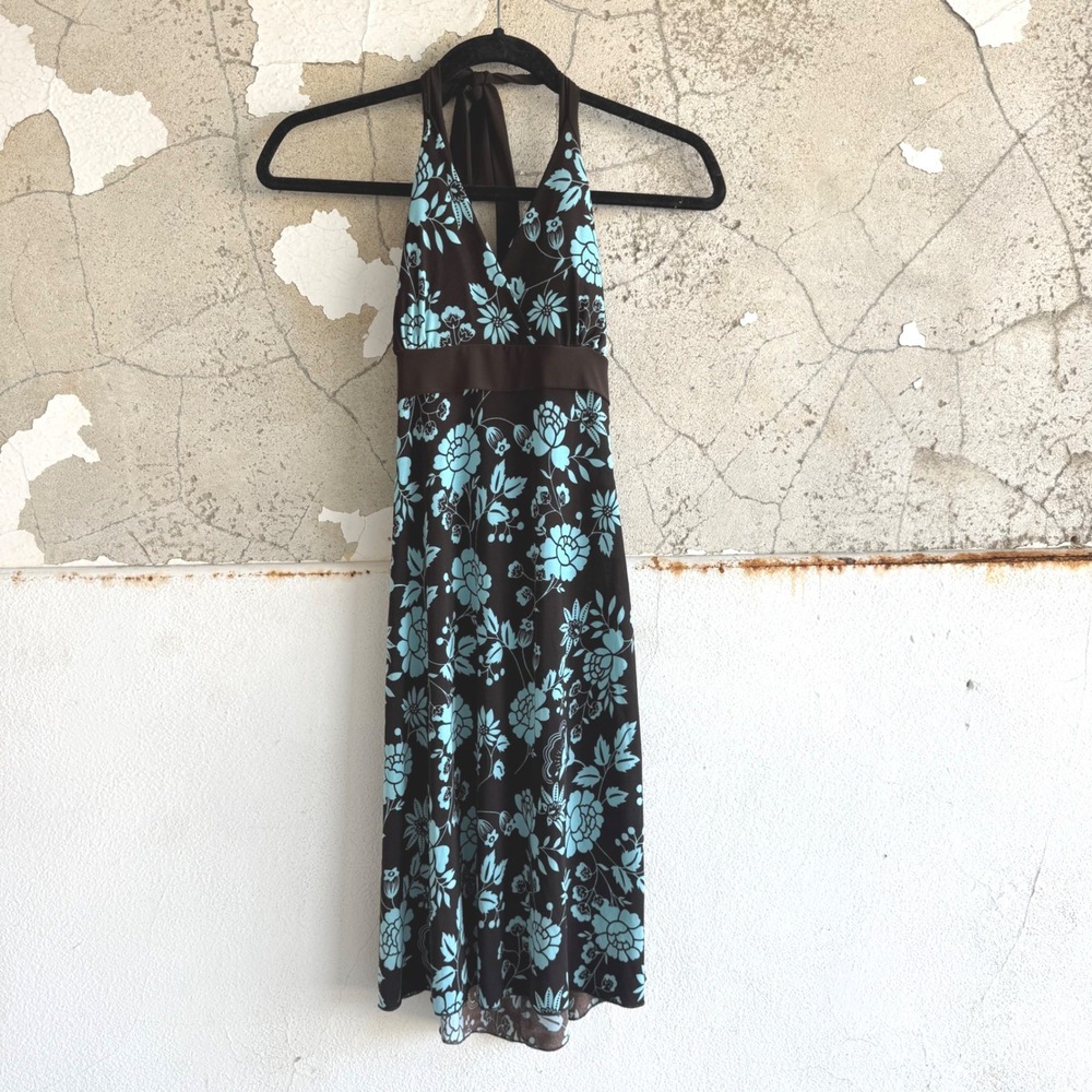 Vtg Halter Dress Y2K Mini Floral Brown Turquoise Empire Waist Slinky Made USA M